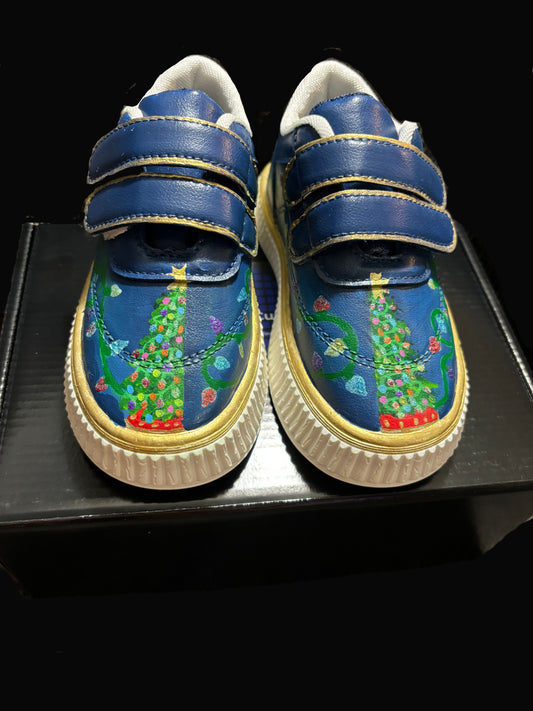 Children’s Custom Hand Painted, Christmas Lights Half and Half Shoes - Educational, Teaching Shoes - Size 7.5