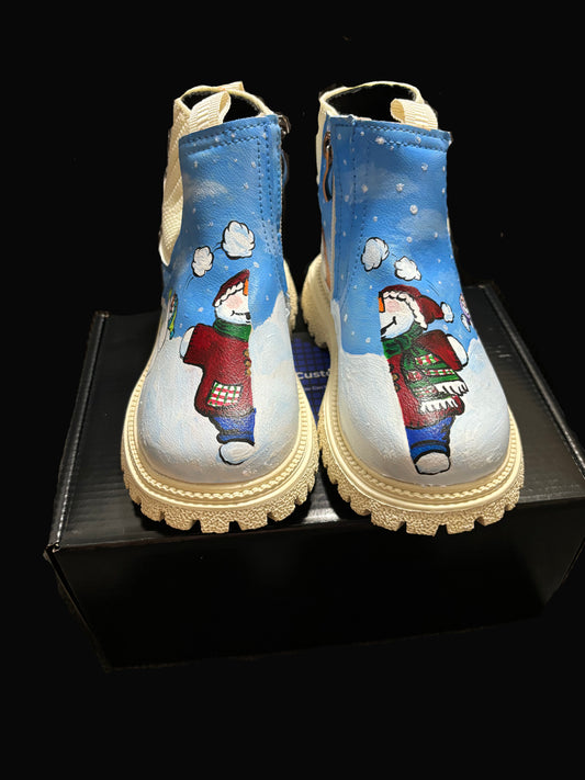 Children’s Custom Hand Painted Snowball Fight Half and Half Boots - Educational, Teaching Shoes - Size 10 K