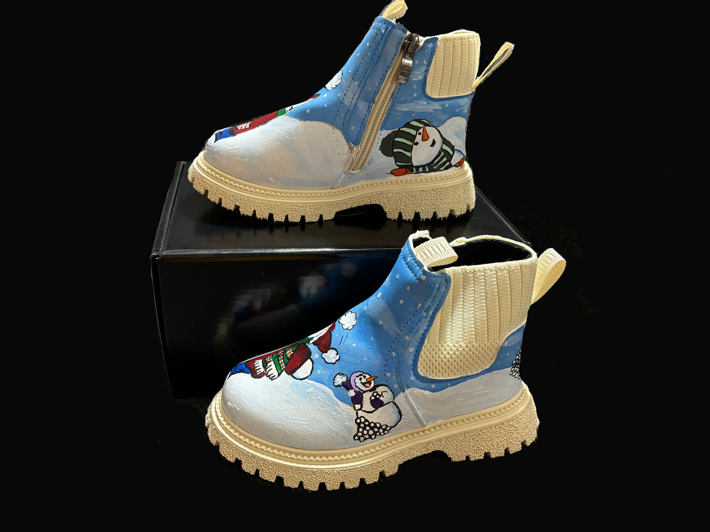 Children’s Custom Hand Painted Snowball Fight Half and Half Boots - Educational, Teaching Shoes - Size 10 K