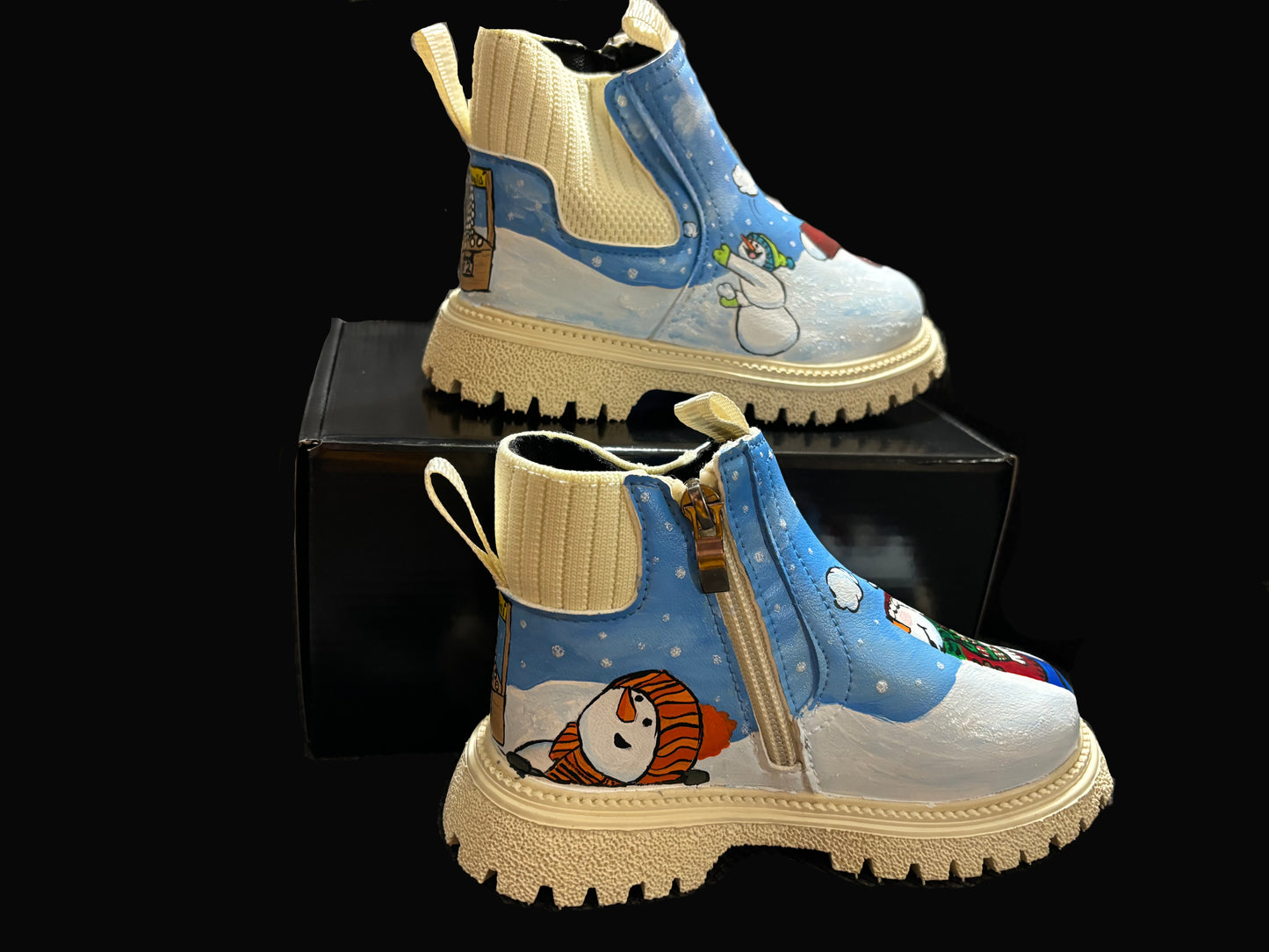 Children’s Custom Hand Painted Snowball Fight Half and Half Boots - Educational, Teaching Shoes - Size 10 K