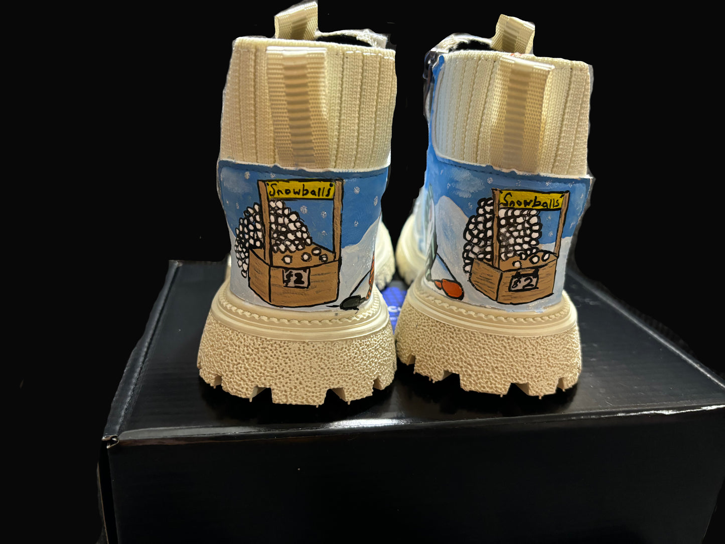 Children’s Custom Hand Painted Snowball Fight Half and Half Boots - Educational, Teaching Shoes - Size 10 K